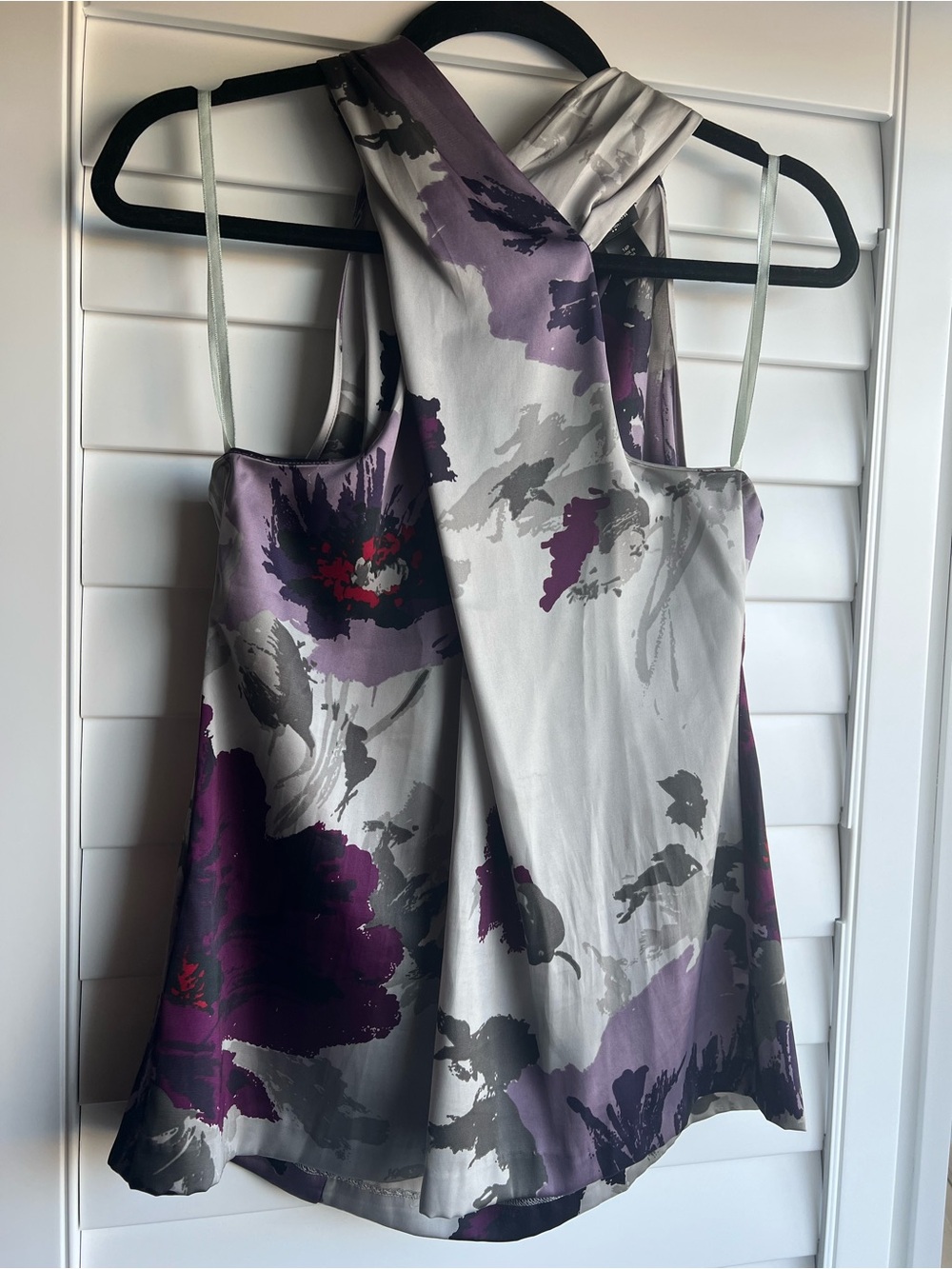 Ann Taylor Purple and Gray Floral Satin Halter Top